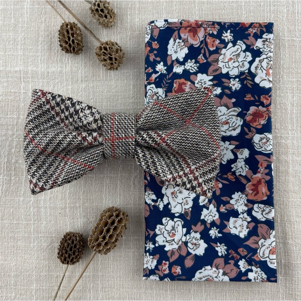 Men’s Glencheck Wool Bow Tie & Navy Floral Pocket Square Set